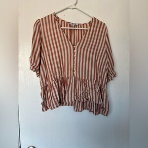 Madewell Rust and White Striped Ruffle Blouse